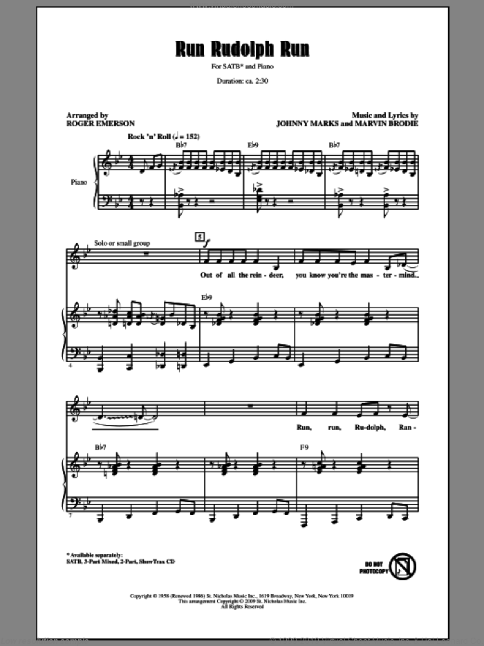 Run Rudolph Run sheet music for choir (SATB: soprano, alto, tenor, bass) by Johnny Marks, Marvin Brodie, Chuck Berry and Roger Emerson, intermediate skill level