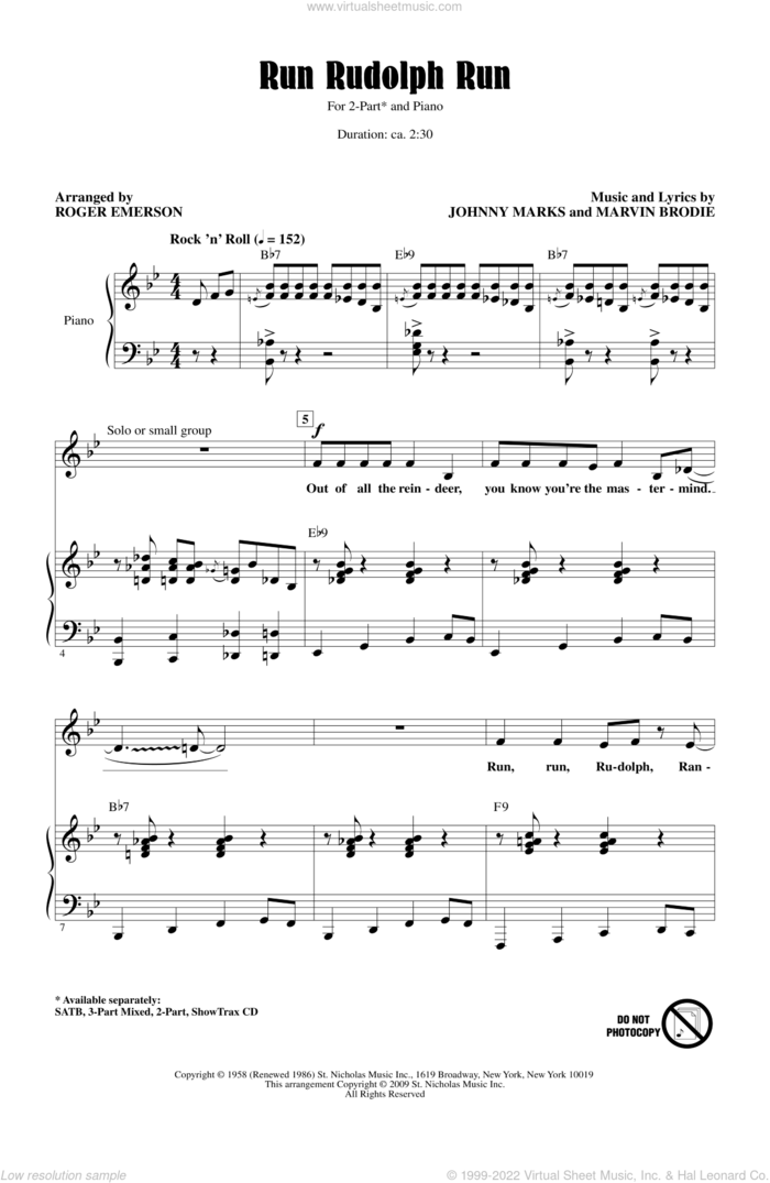 Run Rudolph Run sheet music for choir (2-Part) by Johnny Marks, Marvin Brodie, Chuck Berry and Roger Emerson, intermediate duet