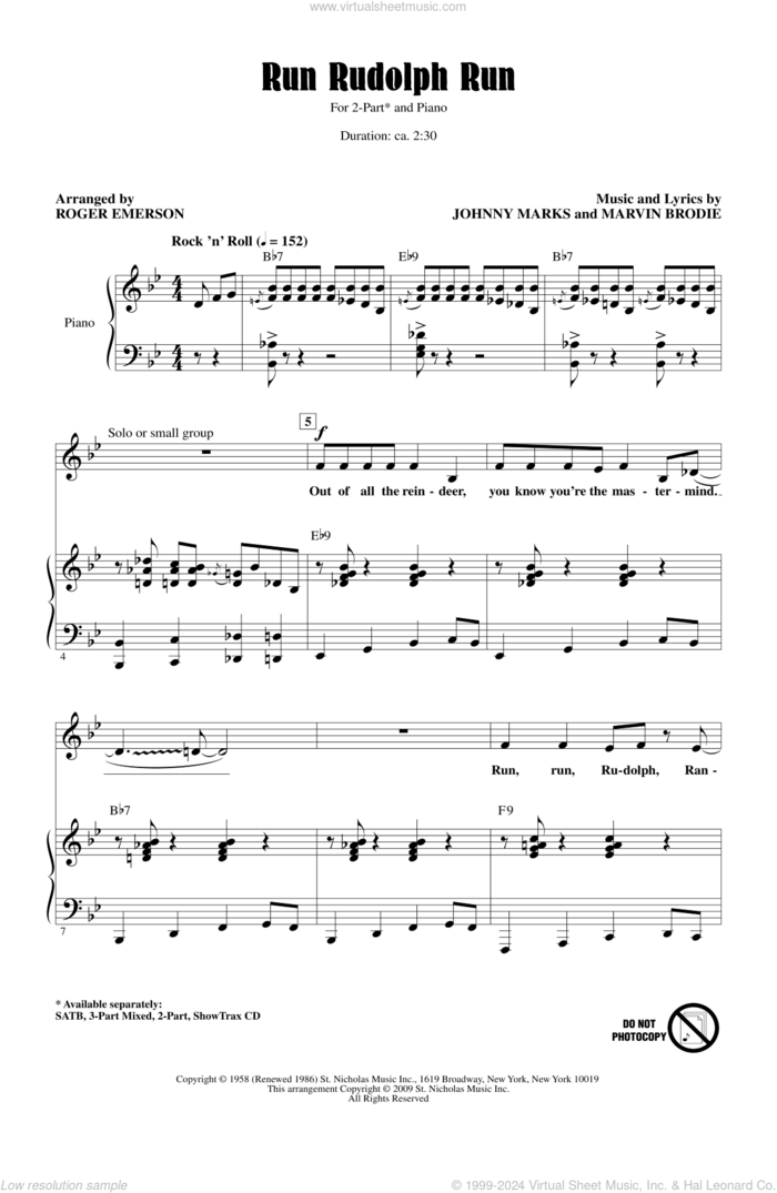 Run Rudolph Run sheet music for choir (2-Part) by Johnny Marks, Marvin Brodie, Chuck Berry and Roger Emerson, intermediate duet