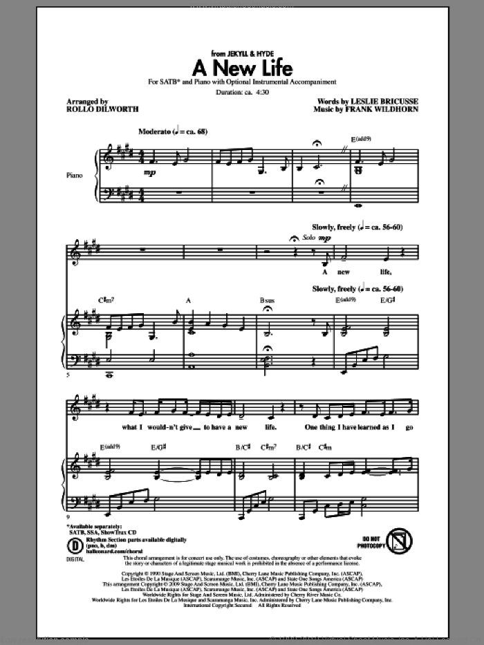 A New Life (from Jekyll and Hyde) sheet music for choir (SATB: soprano, alto, tenor, bass) by Leslie Bricusse, Frank Wildhorn and Rollo Dilworth, intermediate skill level