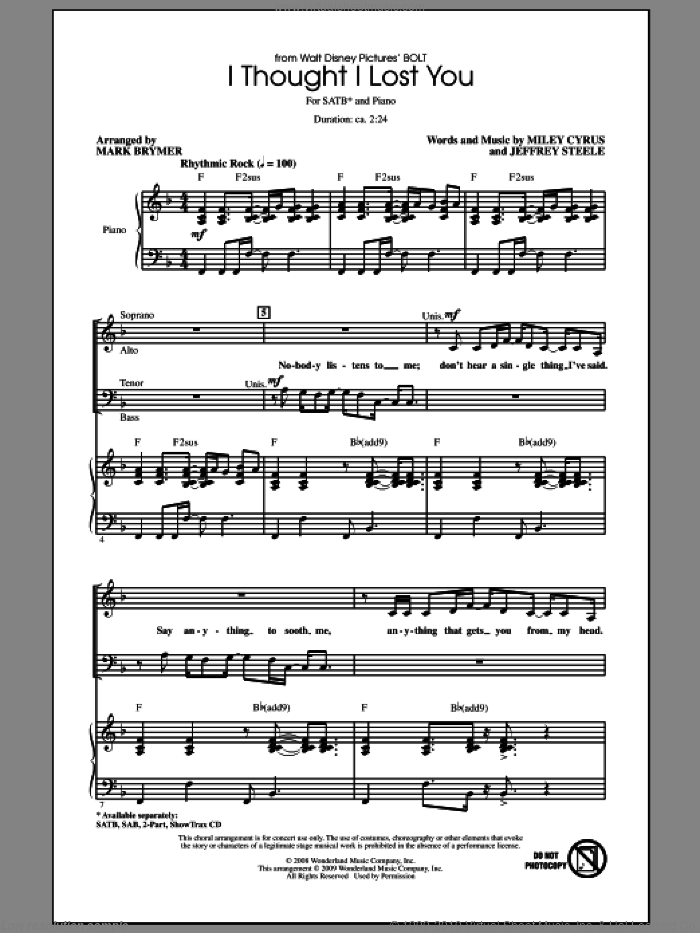 I Thought I Lost You (from Bolt) sheet music for choir (SATB: soprano, alto, tenor, bass) by Miley Cyrus, Jeffrey Steele, John Travolta and Mark Brymer, intermediate skill level
