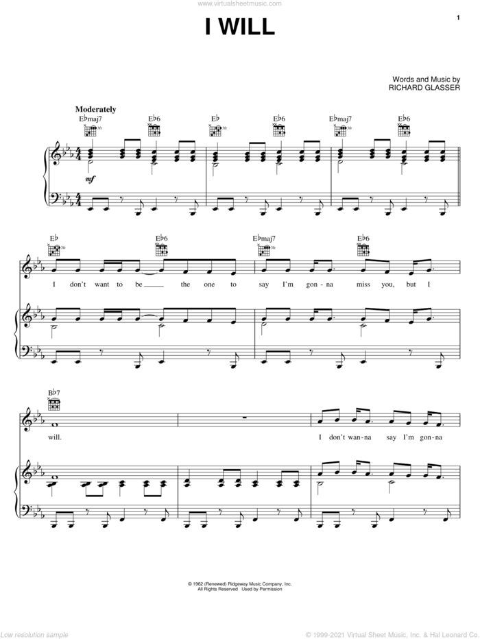 I Will sheet music for voice, piano or guitar by Dean Martin and Richard Glasser, intermediate skill level
