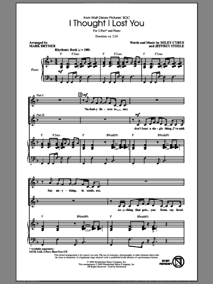 I Thought I Lost You (from Bolt) sheet music for choir (2-Part) by Miley Cyrus, Jeffrey Steele, John Travolta and Mark Brymer, intermediate duet