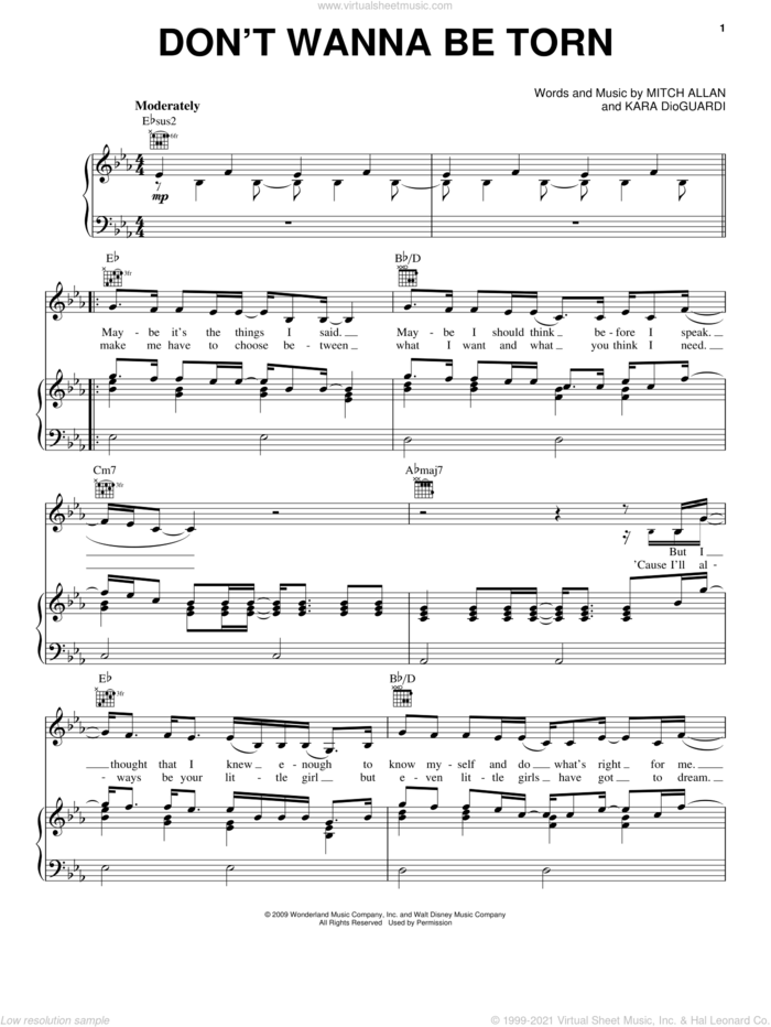 Don't Wanna Be Torn sheet music for voice, piano or guitar by Hannah Montana, Miley Cyrus, Kara DioGuardi and Mitch Allan, intermediate skill level