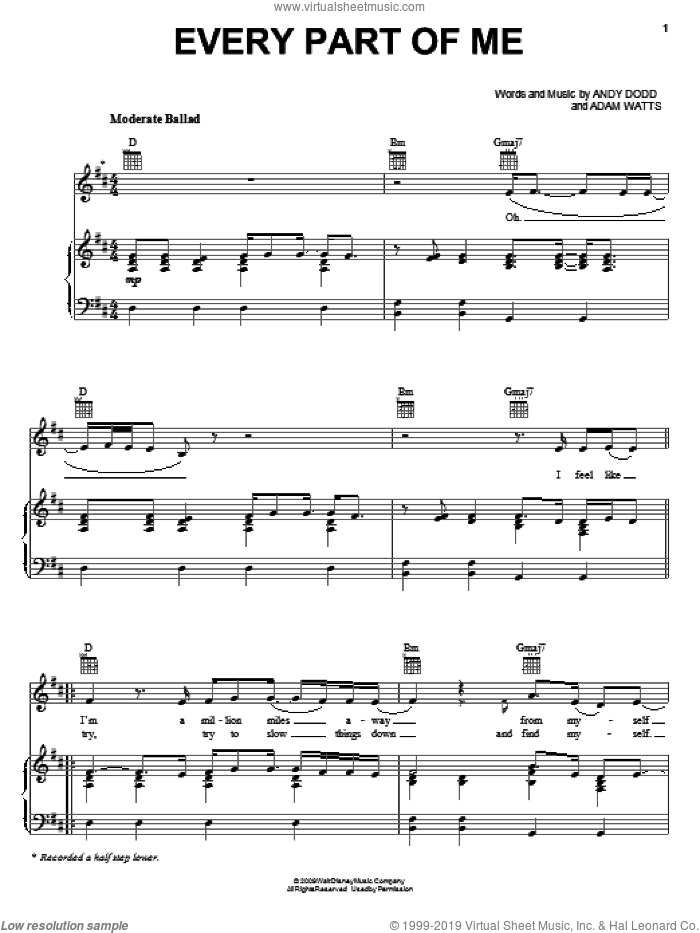 Every Part Of Me sheet music for voice, piano or guitar by Hannah Montana, Miley Cyrus, Adam Watts and Andy Dodd, intermediate skill level