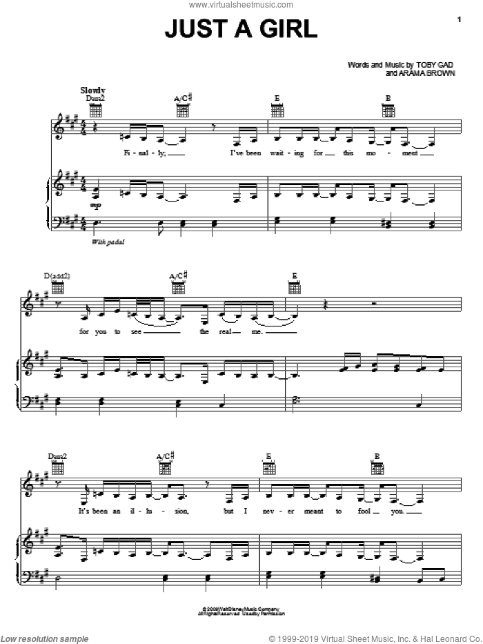 Just A Girl sheet music for voice, piano or guitar by Hannah Montana, Miley Cyrus, Arama Brown and Toby Gad, intermediate skill level