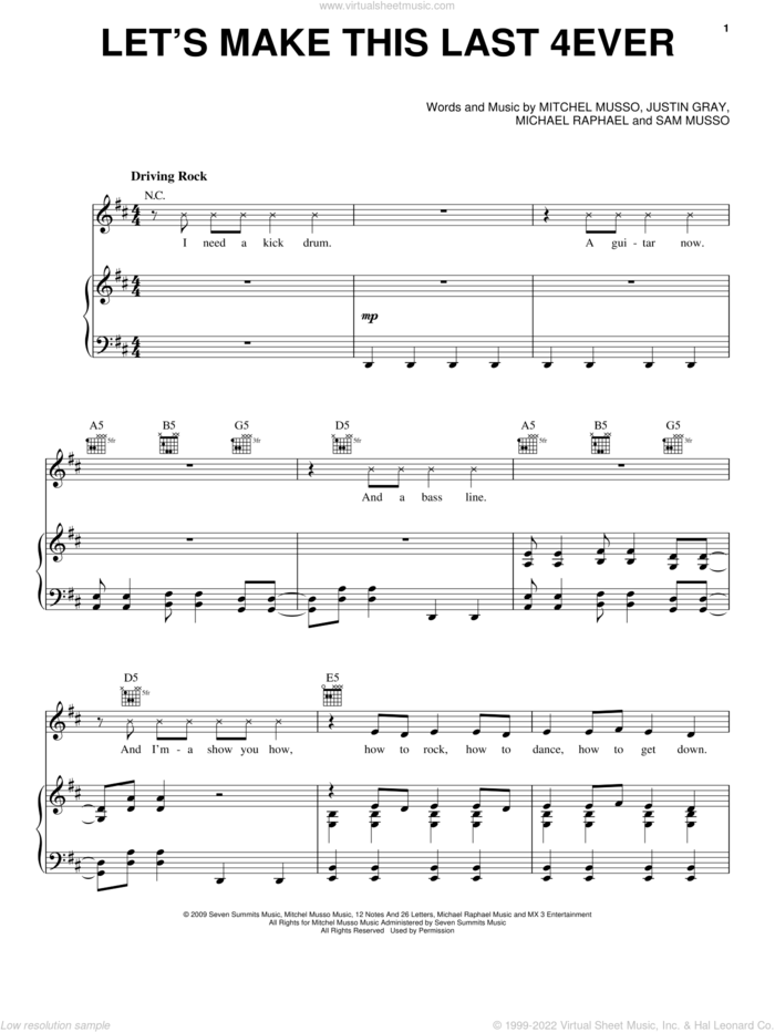 Let's Make This Last 4ever sheet music for voice, piano or guitar by Mitchel Musso, Hannah Montana, Justin Gray, Michael Raphael and Sam Musso, intermediate skill level