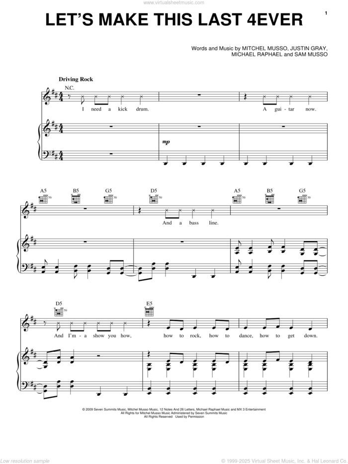 Let's Make This Last 4ever sheet music for voice, piano or guitar by Mitchel Musso, Hannah Montana, Justin Gray, Michael Raphael and Sam Musso, intermediate skill level