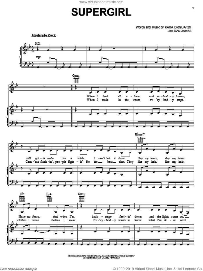 Supergirl sheet music for voice, piano or guitar by Hannah Montana, Miley Cyrus, Dan James and Kara DioGuardi, intermediate skill level