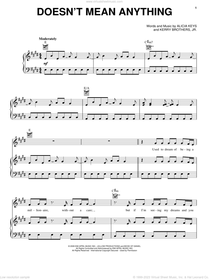 Doesn't Mean Anything sheet music for voice, piano or guitar by Alicia Keys and Kerry Brothers, intermediate skill level