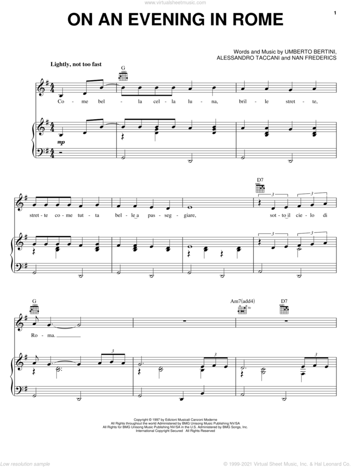 On An Evening In Rome sheet music for voice, piano or guitar by Dean Martin, Alessandro Taccani, Nan Frederics and Umberto Bertini, intermediate skill level
