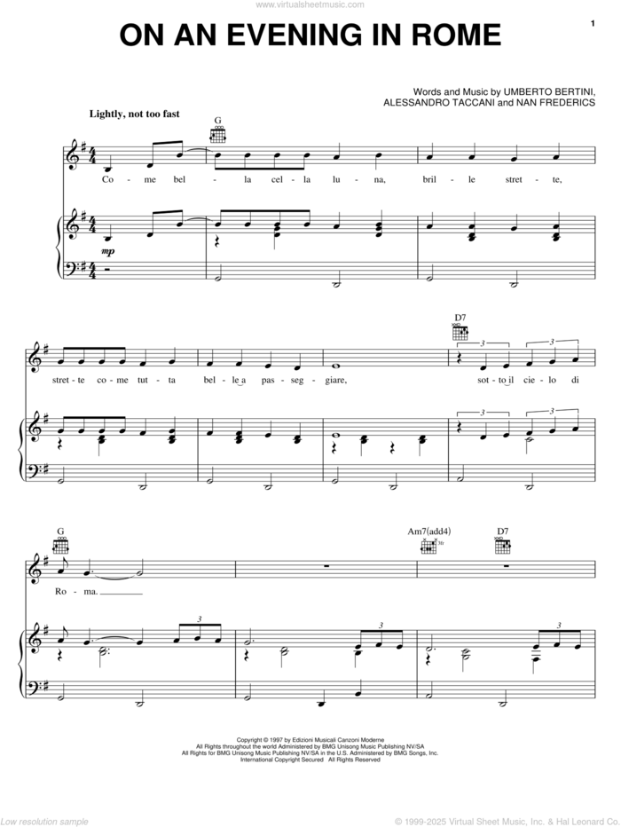 On An Evening In Rome sheet music for voice, piano or guitar by Dean Martin, Alessandro Taccani, Nan Frederics and Umberto Bertini, intermediate skill level