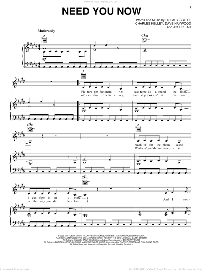 Need You Now sheet music for voice, piano or guitar by Lady Antebellum, Lady A, Charles Kelley, Dave Haywood, Hilary Scott and Josh Kear, intermediate skill level