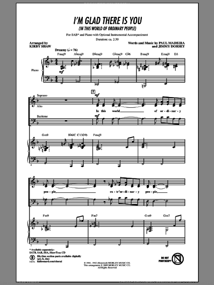 I'm Glad There Is You (In This World Of Ordinary People) sheet music for choir (SAB: soprano, alto, bass) by Jimmy Dorsey, Paul Madeira and Kirby Shaw, intermediate skill level