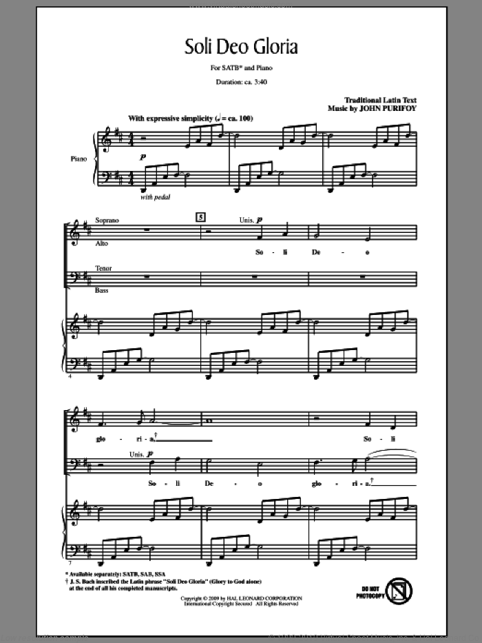 Soli Deo Gloria sheet music for choir (SATB: soprano, alto, tenor, bass) by John Purifoy and Miscellaneous, intermediate skill level