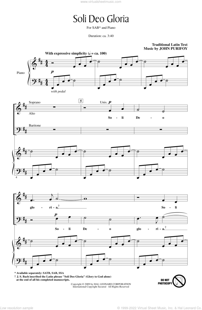 Soli Deo Gloria sheet music for choir (SAB: soprano, alto, bass) by John Purifoy and Miscellaneous, intermediate skill level