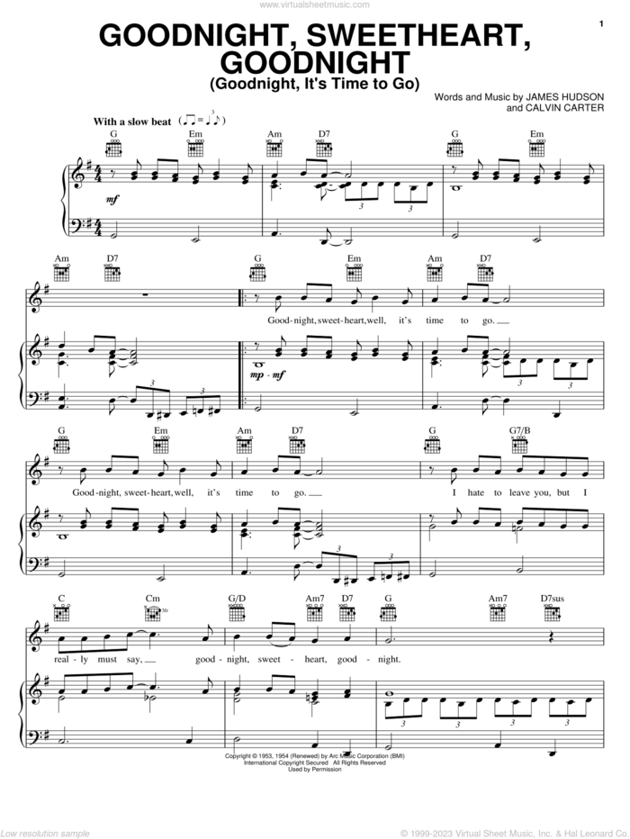 Goodnight, Sweetheart, Goodnight (Goodnight, It's Time To Go) sheet music for voice, piano or guitar by James Hudson, Dean Martin, The Platters, The Spaniels and Calvin Carter, intermediate skill level