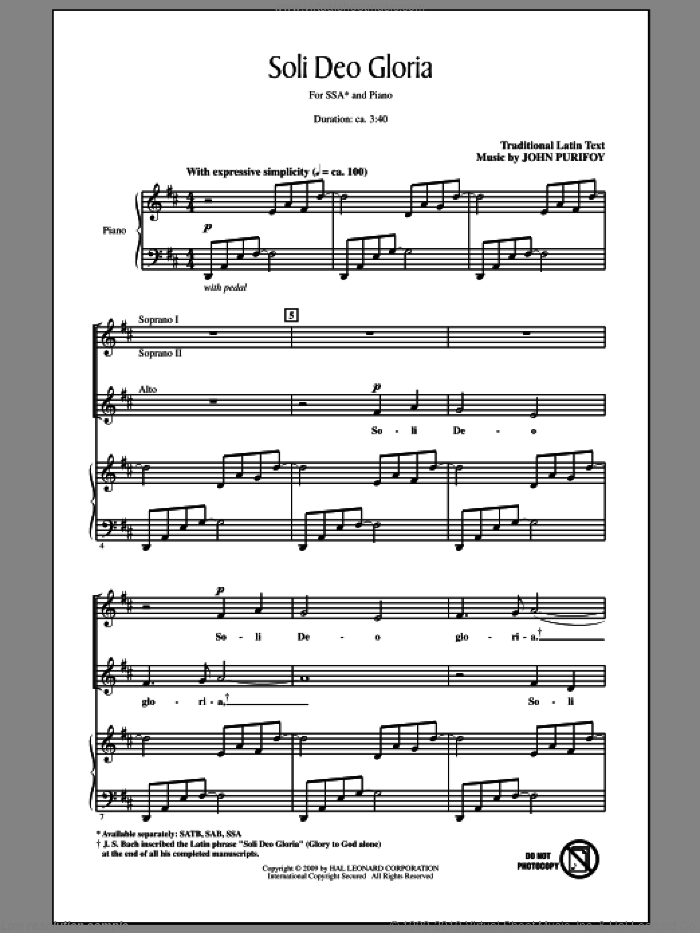 Soli Deo Gloria sheet music for choir (SSA: soprano, alto) by John Purifoy and Miscellaneous, intermediate skill level