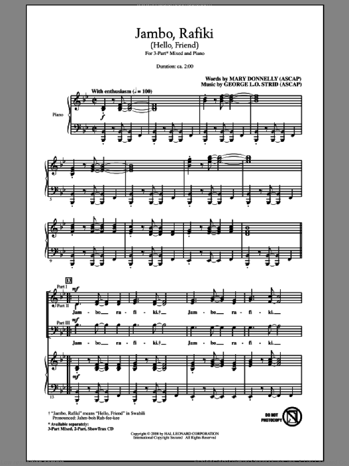 Jambo, Rafiki (Hello, Friend) sheet music for choir (3-Part Mixed) by Mary Donnelly and George L.O. Strid, intermediate skill level