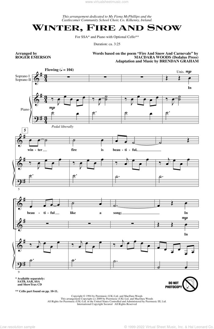Winter, Fire And Snow sheet music for choir (SSA: soprano, alto) by Brendan Graham, MacDara Woods and Roger Emerson, intermediate skill level