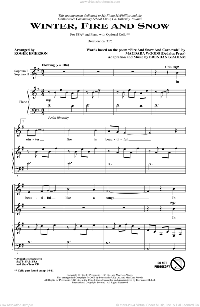 Winter, Fire And Snow sheet music for choir (SSA: soprano, alto) by Brendan Graham, MacDara Woods and Roger Emerson, intermediate skill level