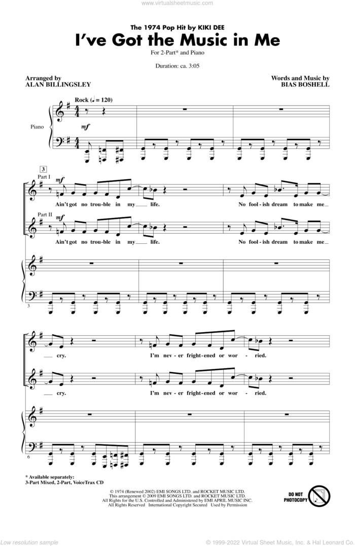 I've Got The Music In Me sheet music for choir (2-Part) by Alan Billingsley, Bias Boshell and Kiki Dee, intermediate duet