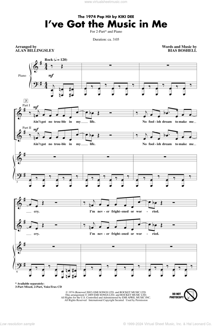 I've Got The Music In Me sheet music for choir (2-Part) by Alan Billingsley, Bias Boshell and Kiki Dee, intermediate duet