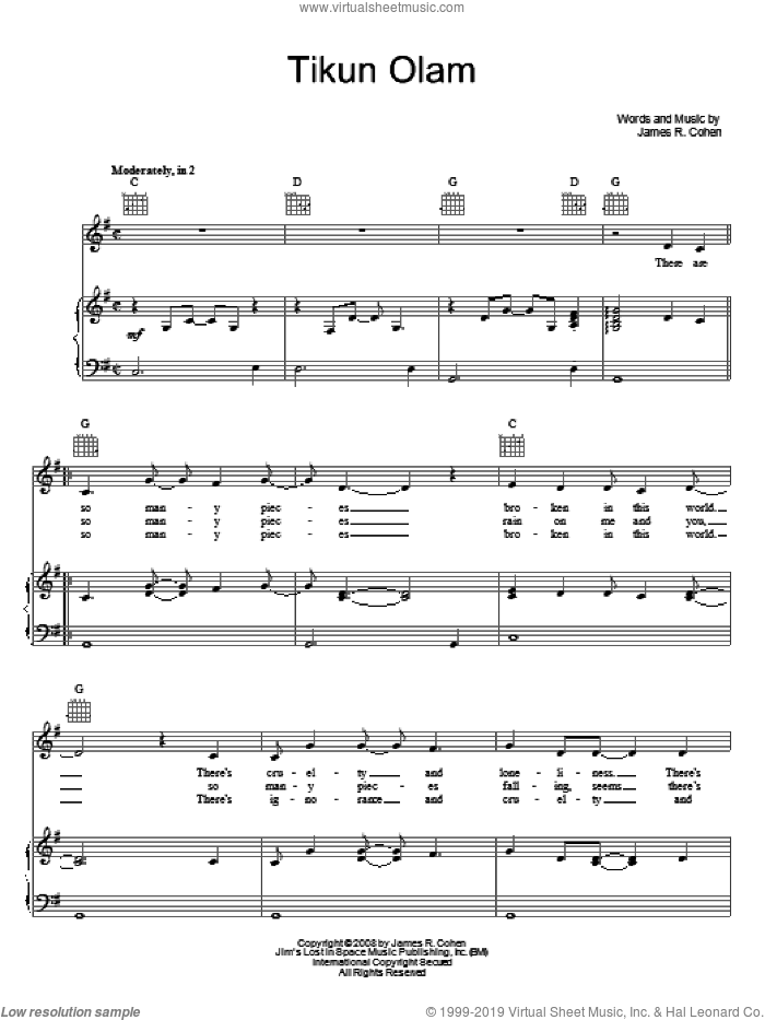 Tikun Olam sheet music for voice, piano or guitar by James R. Cohen, intermediate skill level
