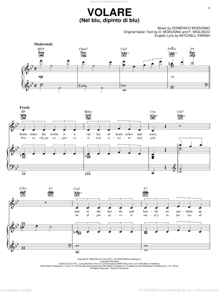 Volare (Nel Blu, Dipinto Di Blu) sheet music for voice, piano or guitar by Dean Martin, D. Modugno, Domenico Modugno, Franco Migliacci and Mitchell Parish, intermediate skill level