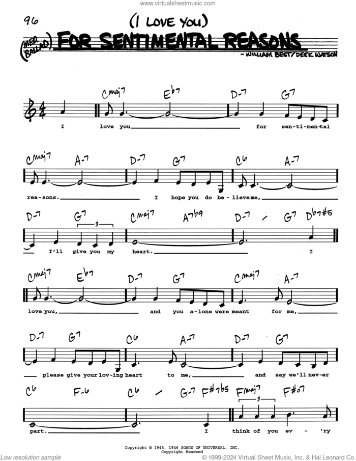 (I Love You) For Sentimental Reasons (Low Voice) sheet music for voice and other instruments (real book with lyrics) by Nat King Cole, Deek Watson and William Best, intermediate skill level