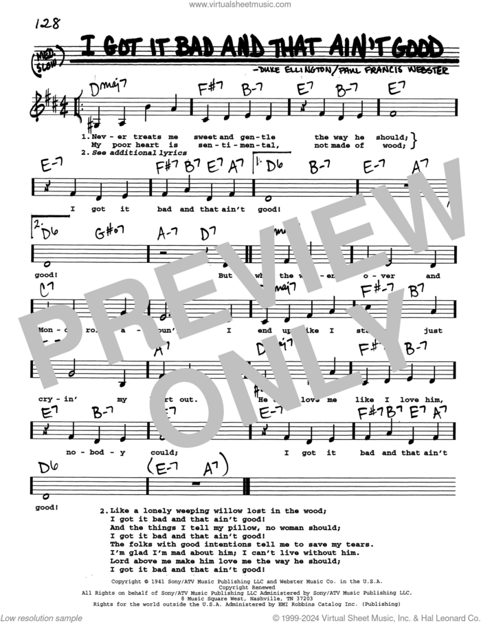 I Got It Bad And That Ain't Good (Low Voice) sheet music for voice and other instruments (real book with lyrics) by Duke Ellington and Paul Francis Webster, intermediate skill level