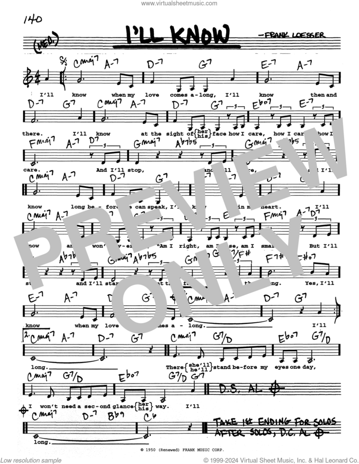 I'll Know (Low Voice) sheet music for voice and other instruments (real book with lyrics) by Frank Loesser, intermediate skill level