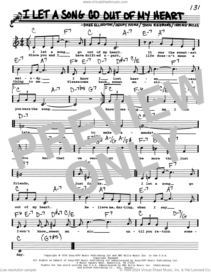 I Let A Song Go Out Of My Heart (Low Voice) sheet music for voice and other instruments (real book with lyrics) by Duke Ellington, Henry Nemo, Irving Mills and John Redmond, intermediate skill level
