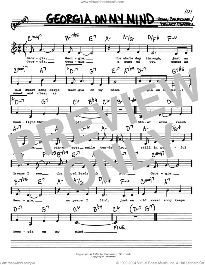 Georgia On My Mind (Low Voice) sheet music for voice and other instruments (real book with lyrics) by Ray Charles, Willie Nelson, Hoagy Carmichael and Stuart Gorrell, intermediate skill level