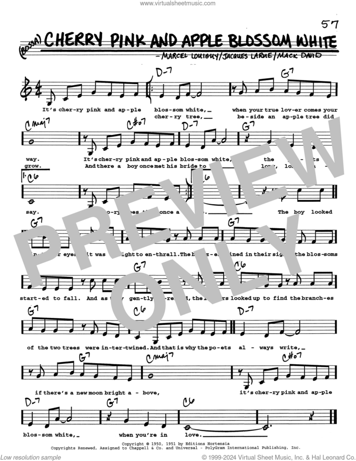 Cherry Pink And Apple Blossom White (Low Voice) sheet music for voice and other instruments (real book with lyrics) by Perez 'Prez' Prado, Jacques Larue, Mack David and Marcel Louiguy, intermediate skill level
