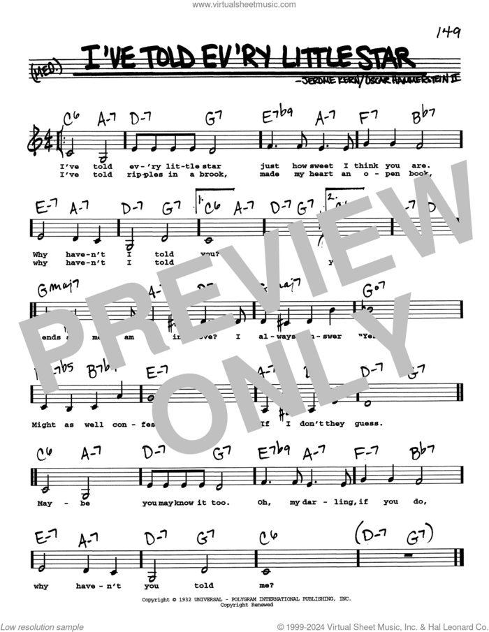 I've Told Ev'ry Little Star (Low Voice) sheet music for voice and other instruments (real book with lyrics) by Oscar II Hammerstein and Jerome Kern, intermediate skill level