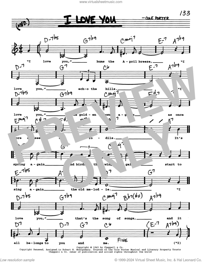 I Love You (Low Voice) sheet music for voice and other instruments (real book with lyrics) by Cole Porter, intermediate skill level