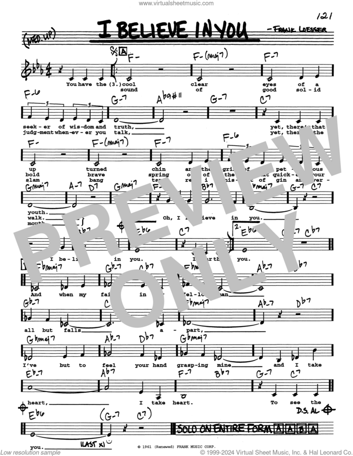 I Believe In You (Low Voice) sheet music for voice and other instruments (real book with lyrics) by Frank Loesser, intermediate skill level