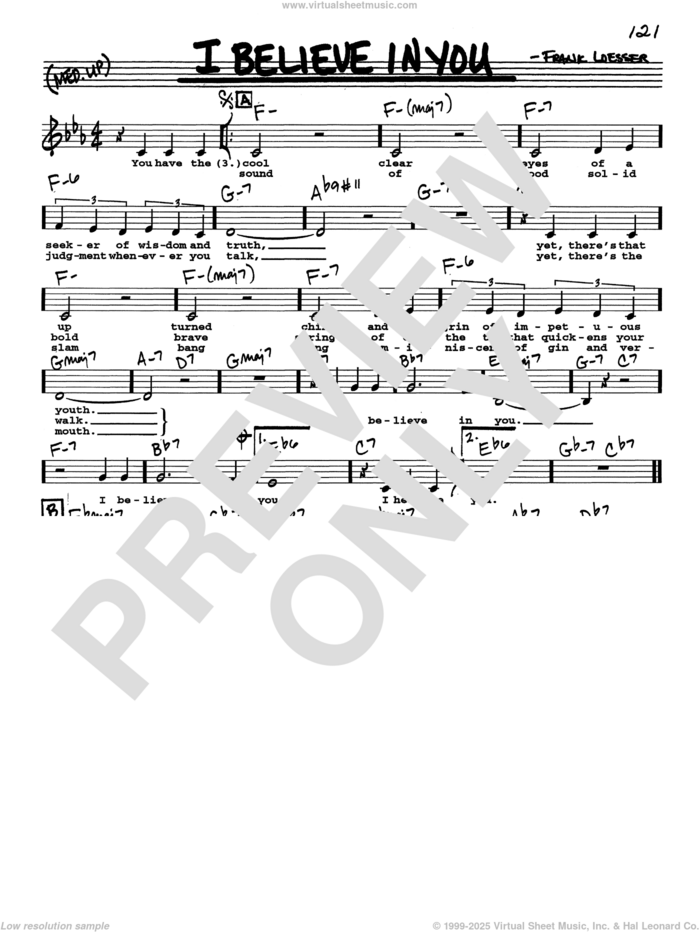 I Believe In You (Low Voice) sheet music for voice and other instruments (real book with lyrics) by Frank Loesser, intermediate skill level