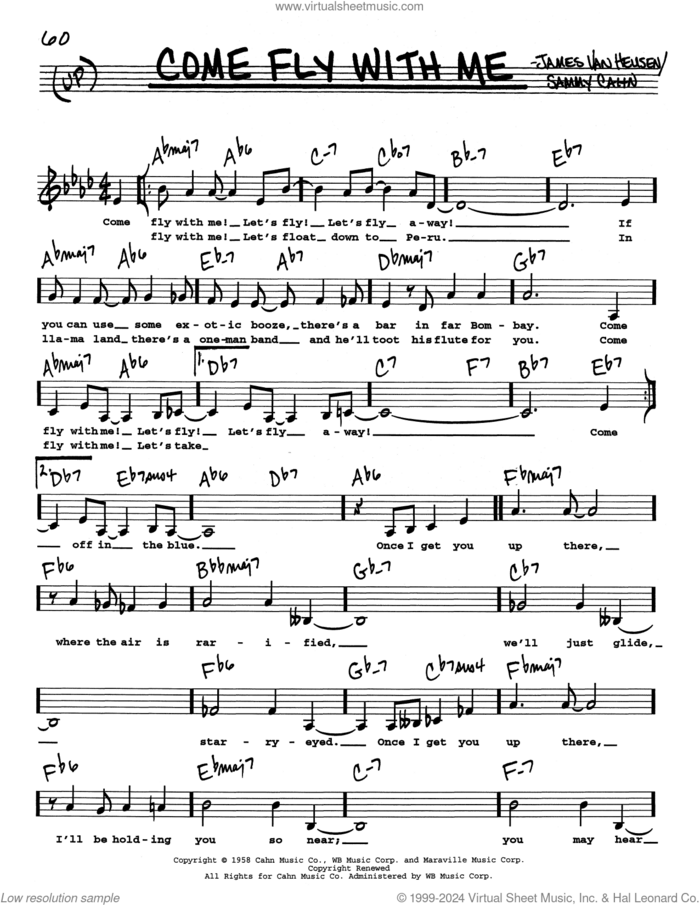Come Fly With Me (Low Voice) sheet music for voice and other instruments (real book with lyrics) by Frank Sinatra, Jimmy van Heusen and Sammy Cahn, intermediate skill level