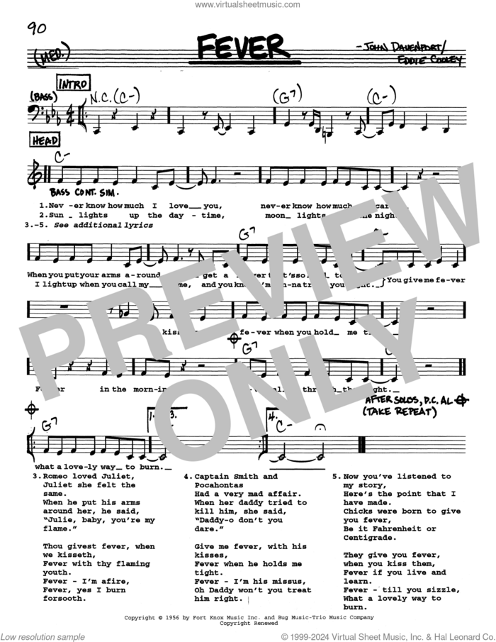 Fever (Low Voice) sheet music for voice and other instruments (real book with lyrics) by Peggy Lee, Eddie Cooley and John Davenport, intermediate skill level