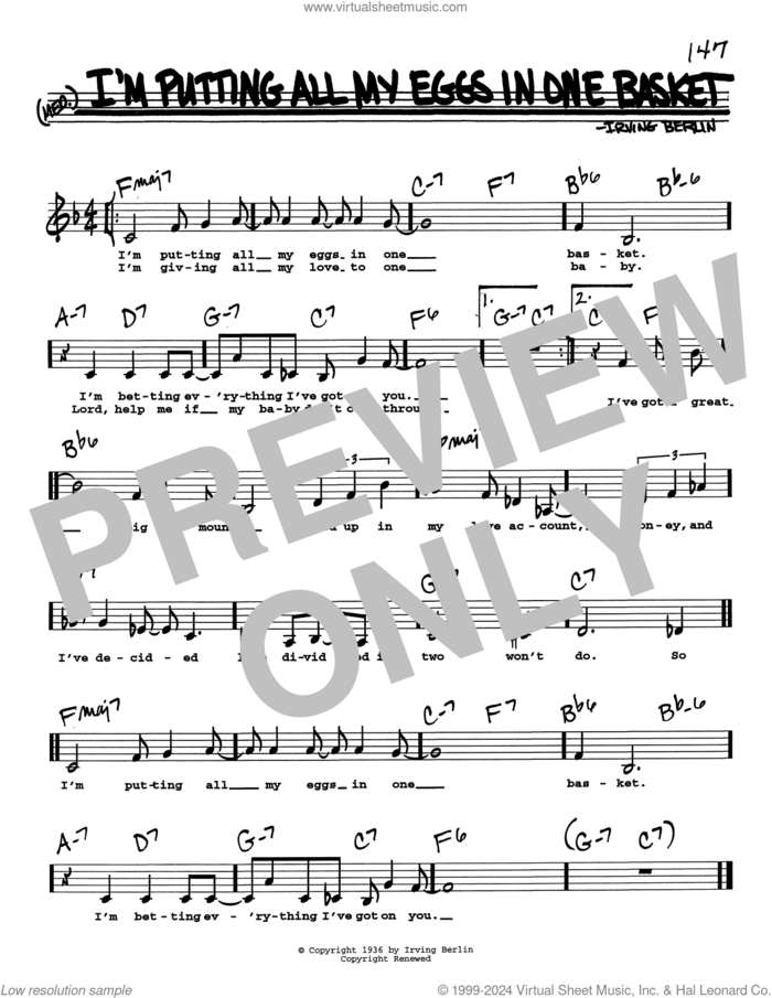 I'm Putting All My Eggs In One Basket (Low Voice) sheet music for voice and other instruments (real book with lyrics) by Irving Berlin, intermediate skill level
