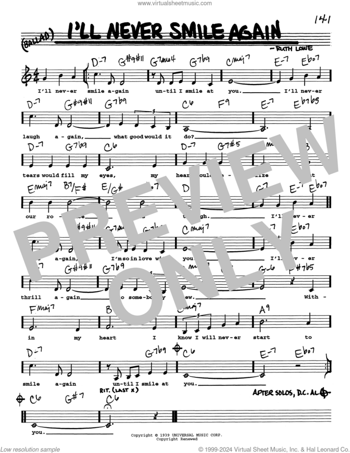 I'll Never Smile Again (Low Voice) sheet music for voice and other instruments (real book with lyrics) by Tommy Dorsey & His Orchestra and Ruth Lowe, intermediate skill level