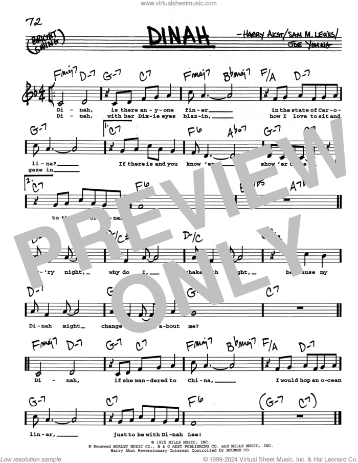Dinah (Low Voice) sheet music for voice and other instruments (real book with lyrics) by Sam Lewis, Harry Akst and Joe Young, intermediate skill level