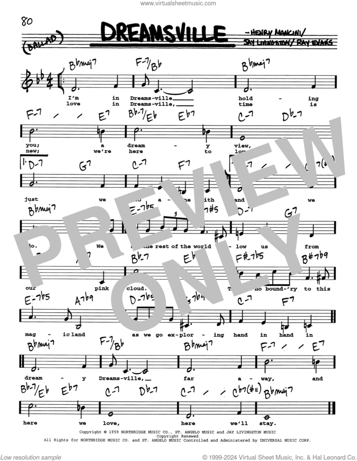 Dreamsville (Low Voice) sheet music for voice and other instruments (real book with lyrics) by Henry Mancini, Jay Livingston and Ray Evans, intermediate skill level