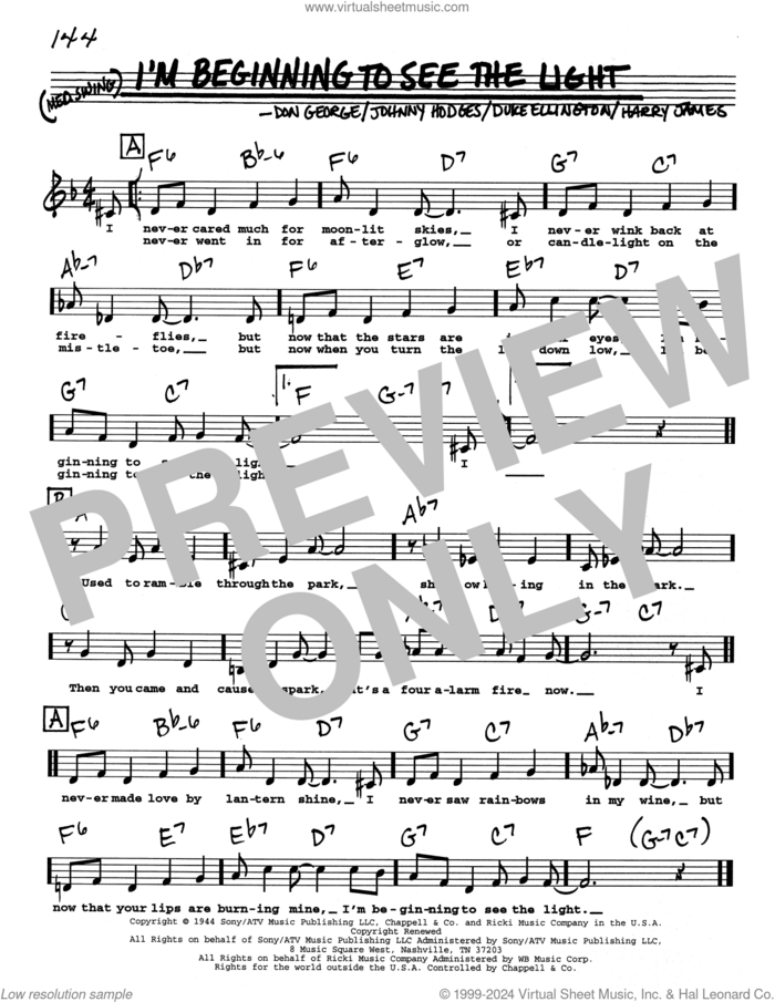 I'm Beginning To See The Light (Low Voice) sheet music for voice and other instruments (real book with lyrics) by Duke Ellington, Don George, Harry James and Johnny Hodges, intermediate skill level
