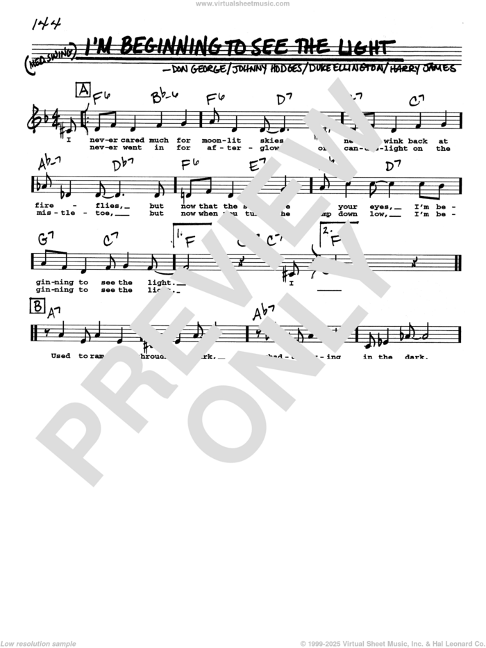 I'm Beginning To See The Light (Low Voice) sheet music for voice and other instruments (real book with lyrics) by Duke Ellington, Don George, Harry James and Johnny Hodges, intermediate skill level