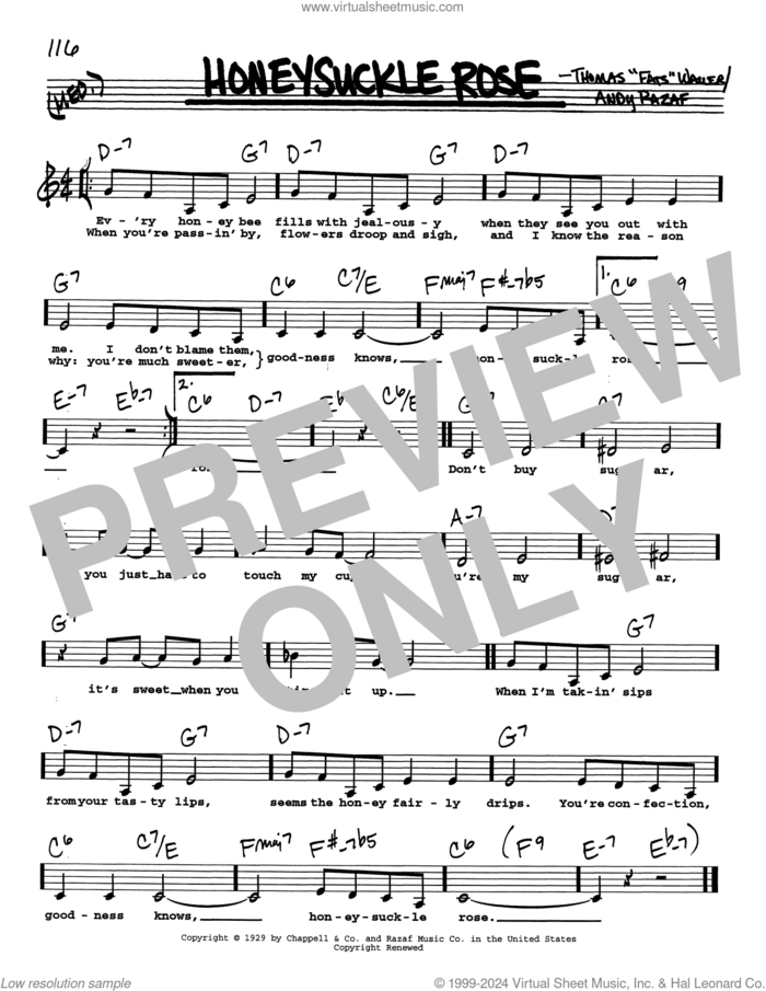 Honeysuckle Rose (Low Voice) sheet music for voice and other instruments (real book with lyrics) by Andy Razaf and Thomas Waller, intermediate skill level