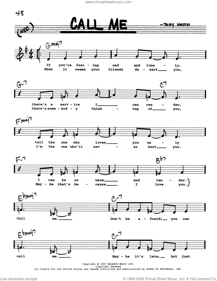 Call Me (Low Voice) sheet music for voice and other instruments (real book with lyrics) by Tony Hatch, intermediate skill level