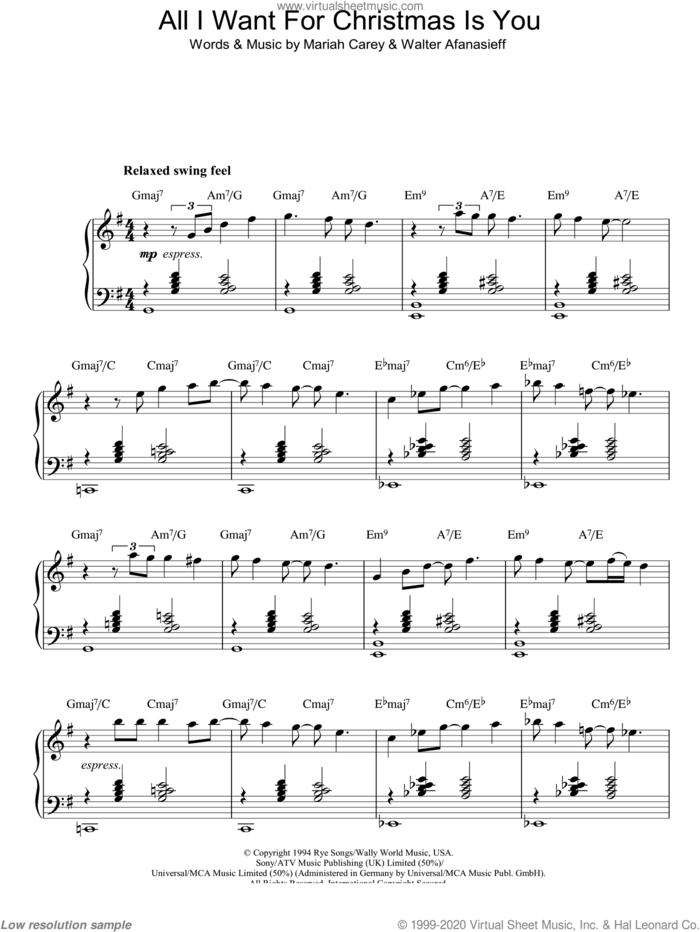 All I Want For Christmas Is You sheet music for piano solo by Mariah Carey, Olivia Olson and Walter Afanasieff, intermediate skill level